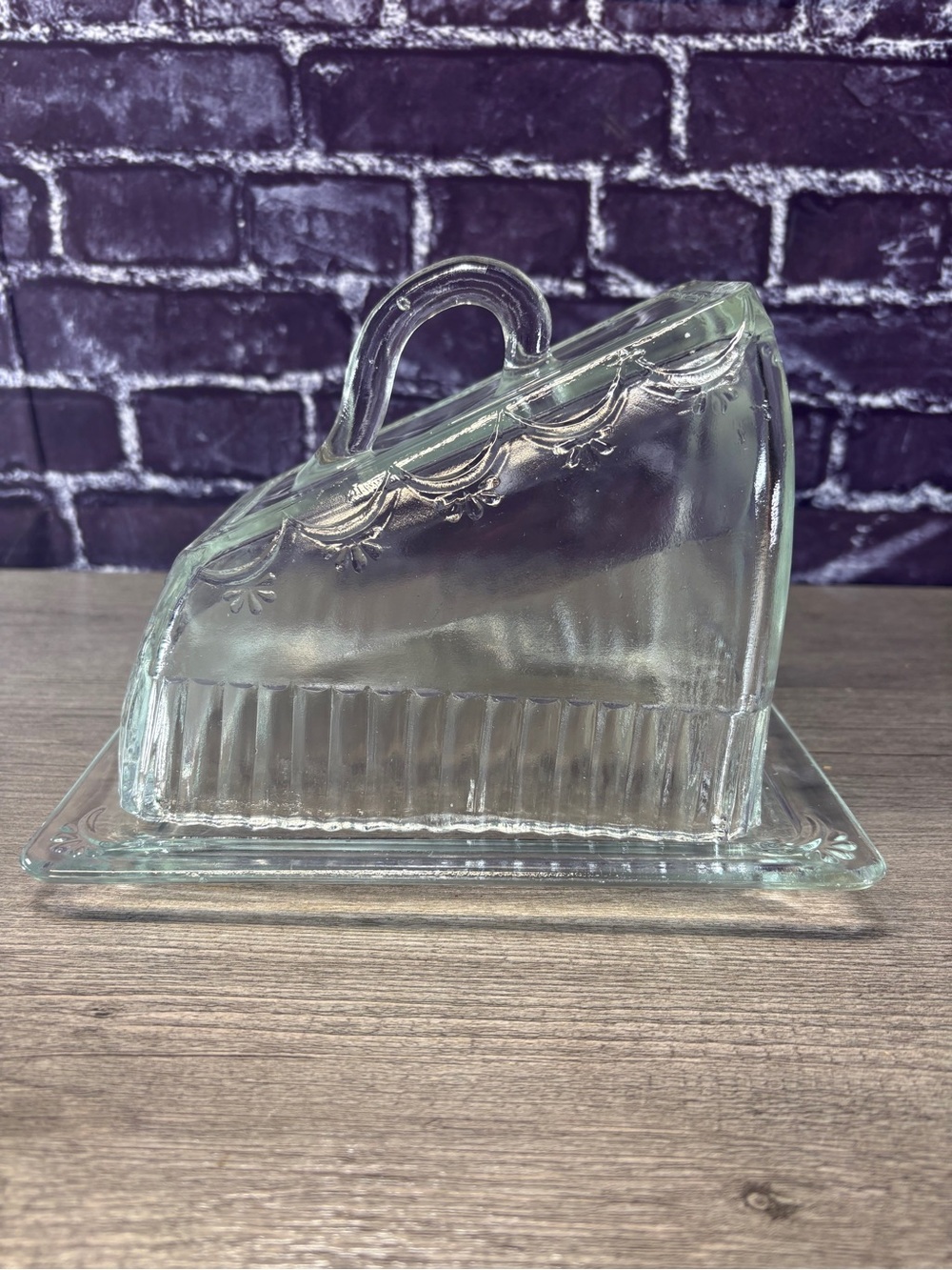 Vintage 1996 Pressed Glass Cheese or Cake Angled Dish